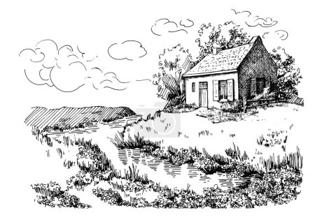 Foto de Panorama de paisaje rural con río. Dibujo de pluma convertido en dibujo vectorial - Imagen libre de derechos
