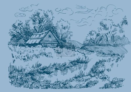Téléchargez les illustrations : Panorama du paysage rural avec rivière. Croquis au stylo converti en dessin vectoriel - en licence libre de droit