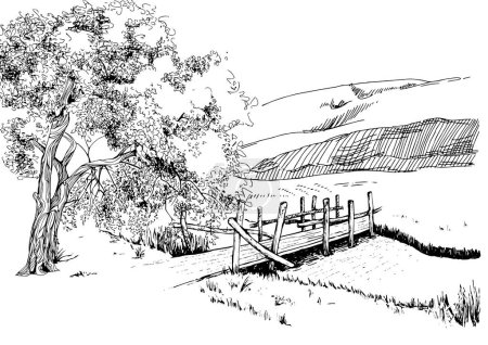 Illustration for Panorama of countryside landscape with river. Pen sketch converted to vector drawing - Royalty Free Image