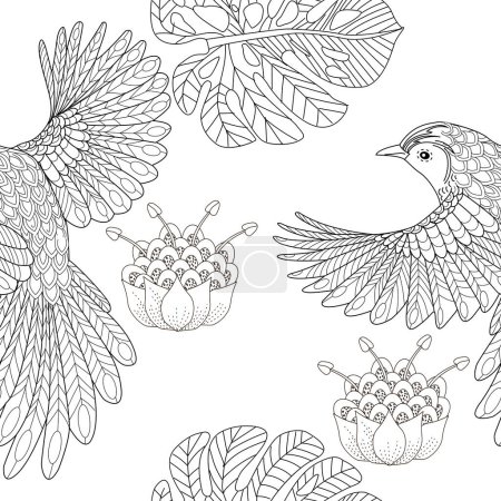 Ilustración de Patrón sin costuras con flores y pájaros. Fondo textil, gráficos de línea. - Imagen libre de derechos