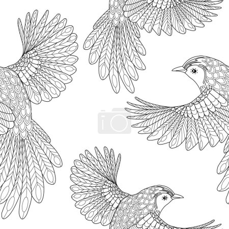 Illustration for Seamless pattern with flowers and birds. Textile background, line graphics. - Royalty Free Image
