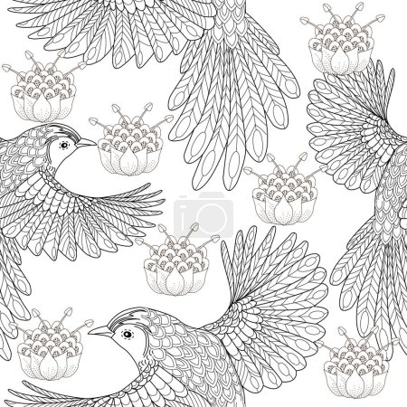 Téléchargez les illustrations : Modèle sans couture avec des oiseaux et des fleurs. Arrière-plan textile, graphiques linéaires. - en licence libre de droit