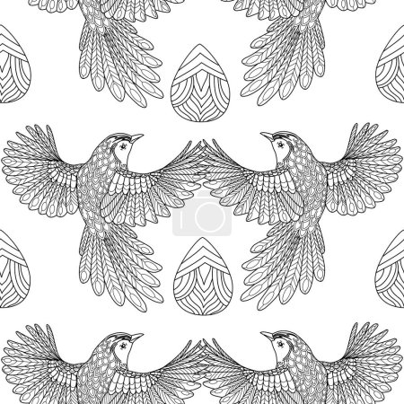 Ilustración de Patrón sin costuras con pájaros y hojas. Fondo textil, gráficos de línea. - Imagen libre de derechos