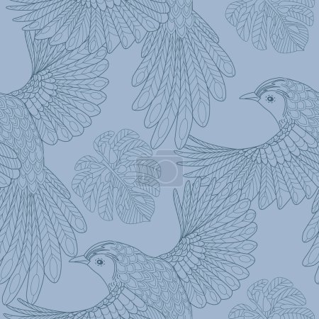 Téléchargez les illustrations : Modèle sans couture avec des oiseaux et des feuilles. Arrière-plan textile, graphiques linéaires. - en licence libre de droit