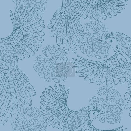 Illustration for Seamless pattern with birds and leaves. Textile background, line graphics. - Royalty Free Image