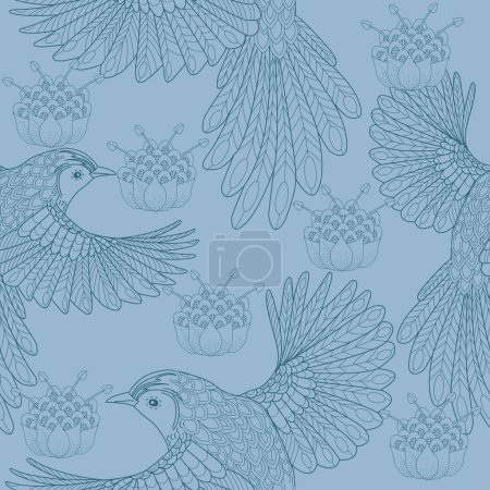 Téléchargez les illustrations : Modèle sans couture avec des oiseaux et des fleurs. Arrière-plan textile, graphiques linéaires. - en licence libre de droit