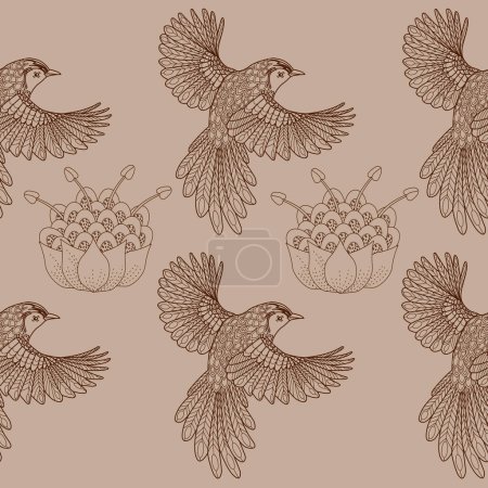 Illustration for Seamless pattern with birds and flowers. Textile background, line graphics. - Royalty Free Image