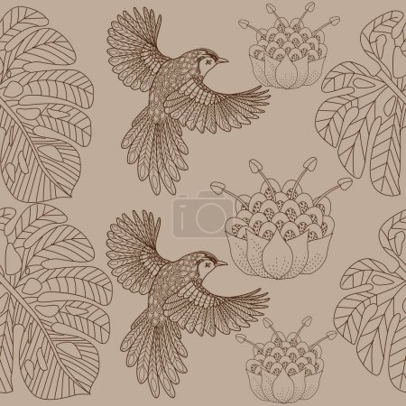 Ilustración de Patrón sin costuras con pájaros y flores. Fondo textil, gráficos de línea. - Imagen libre de derechos