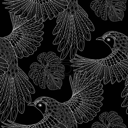 Téléchargez les illustrations : Modèle sans couture avec des oiseaux et des feuilles. Arrière-plan textile, graphiques linéaires. - en licence libre de droit