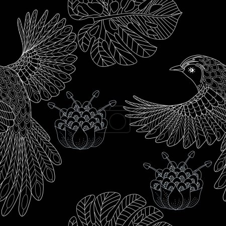 Ilustración de Patrón sin costuras con pájaros y flores. Fondo textil, gráficos de línea. - Imagen libre de derechos