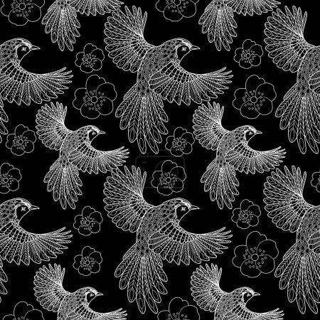 Illustration for Seamless pattern with birds and flowers. Textile background, line graphics. - Royalty Free Image