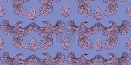 Ilustración de Patrón sin costuras con pájaros y hojas. Fondo textil, gráficos de línea. - Imagen libre de derechos