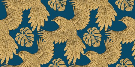 Illustration for Seamless pattern with leaves and birds. Textile background, line graphics. - Royalty Free Image
