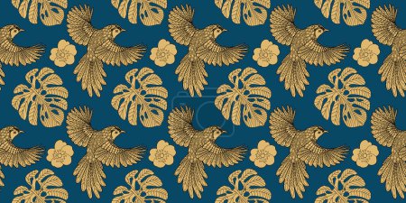 Illustration for Seamless pattern with leaves and birds. Textile background, line graphics. - Royalty Free Image