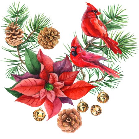 Téléchargez les illustrations : Oiseaux cardinaux - symbole de Noël, grenade rouge mûre. Ensemble d'éléments de conception isolés sur fond blanc. Illustration vectorielle dans un style aquarelle. - en licence libre de droit