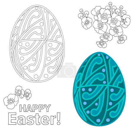 Illustration for Art therapy coloring page. Painting an Easter egg according to the sample. Easter card. Colouring pictures for adults and children. Antistress freehand sketch drawing. - Royalty Free Image