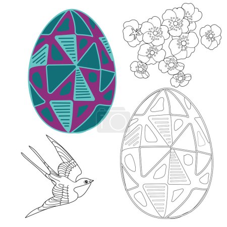 Illustration for Art therapy coloring page. Painting an Easter egg according to the sample. Easter card. Colouring pictures for adults and children. Antistress freehand sketch drawing. - Royalty Free Image