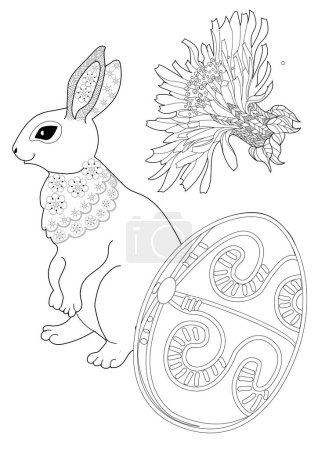 Art therapy coloring page. Painting an Easter egg and Easter bunny. Easter card. Coloring pages for adults and children. Anti-stress hand drawing.