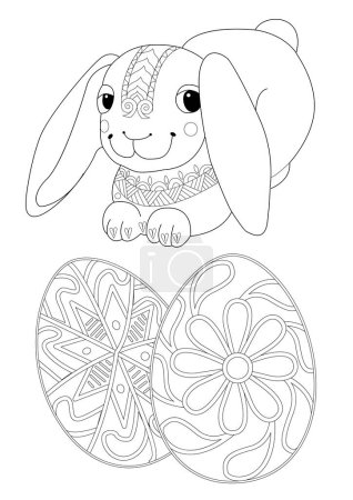 Art therapy coloring page. Painting an Easter egg and Easter bunny. Easter card. Coloring pages for adults and children. Anti-stress hand drawing.