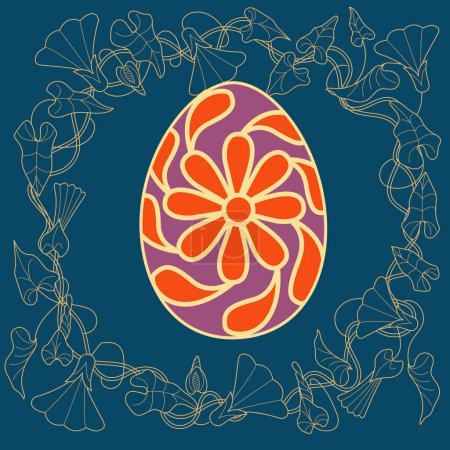 Téléchargez les illustrations : Un œuf de Pâques et une image de fond de fleurs créent une ambiance festive. Peut être utilisé pour les cartes de vœux, l'impression d'emballages - en licence libre de droit