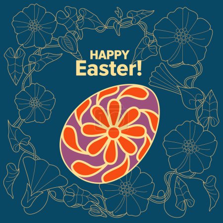 Illustration for An Easter egg and an outline image of flowers creates a festive mood. Can be used for greeting cards, packaging printing - Royalty Free Image