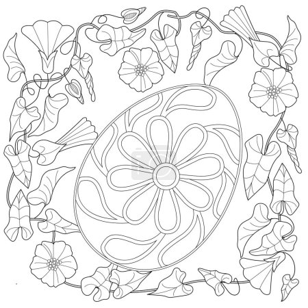 Illustration for Art therapy coloring page. An Easter egg and an outline image of flowers creates a festive mood. Colouring pictures for adults and children. - Royalty Free Image