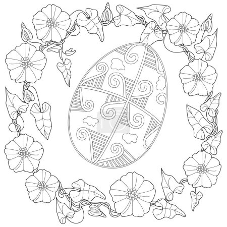 Illustration for Art therapy coloring page. An Easter egg and an outline image of flowers creates a festive mood. Colouring pictures for adults and children. - Royalty Free Image