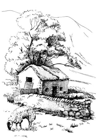 Ilustración de Paisaje rural de una granja en las montañas. Dibujo de tinta convertido en vector - Imagen libre de derechos
