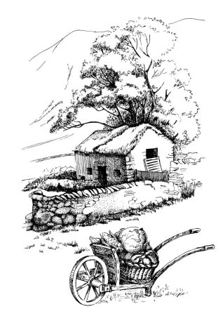 Téléchargez les illustrations : Paysage rural d'une ferme dans les montagnes. Croquis d'encre converti en vecteur - en licence libre de droit
