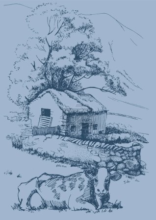 Rural landscape of a farm in the mountains. Ink sketch converted to vector