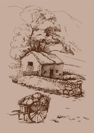 Rural landscape of a farm in the mountains. Ink sketch converted to vector