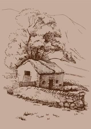 Illustration for Rural landscape of a farm in the mountains. Ink sketch converted to vector - Royalty Free Image