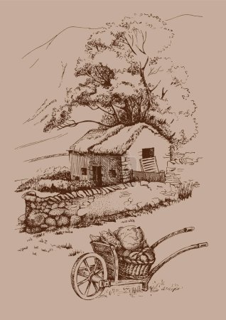Téléchargez les illustrations : Paysage rural d'une ferme dans les montagnes. Croquis d'encre converti en vecteur - en licence libre de droit
