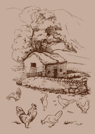 Ilustración de Paisaje rural de una granja en las montañas. Dibujo de tinta convertido en vector - Imagen libre de derechos