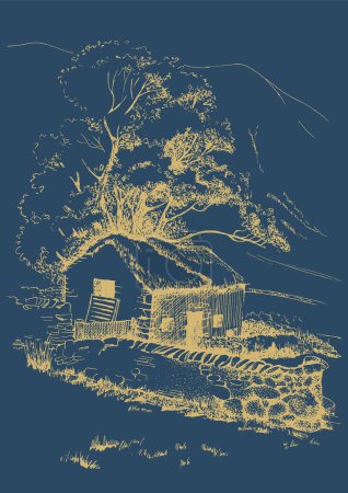 Illustration for Rural landscape of a farm in the mountains. Ink sketch converted to vector - Royalty Free Image