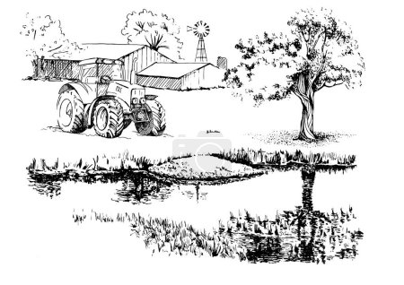 Téléchargez les illustrations : Panorama du paysage rural avec rivière. Croquis au stylo converti en dessin vectoriel - en licence libre de droit