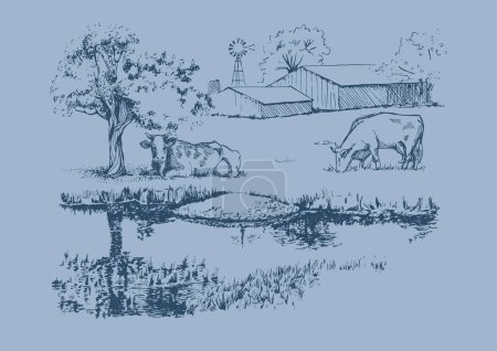 Panorama du paysage rural avec rivière. Croquis au stylo converti en dessin vectoriel
