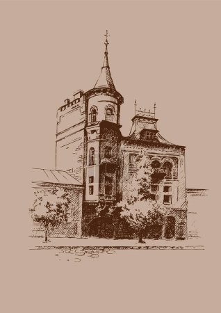 Illustration for House portrait illustration. Pen sketch converted to vectors. An image of the architecture of a private estate. - Royalty Free Image