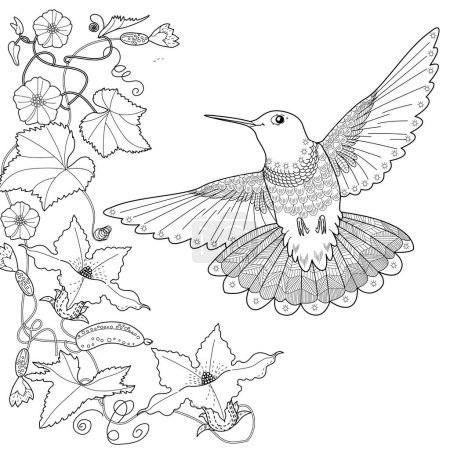 Art therapy coloring page. Coloring book antistress for children and adults. Birds and flowers hand drawn in vintage style . Ideal for those who want to feel more connected to nature
