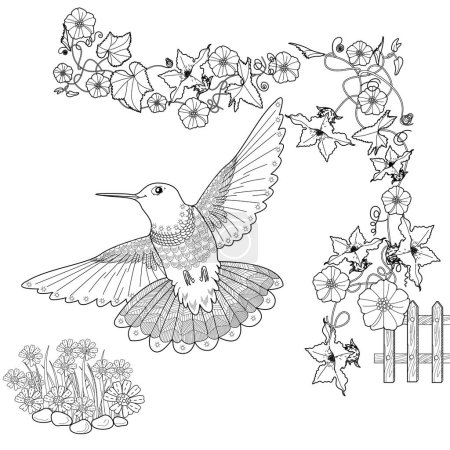 Kunsttherapie Malvorlage. Malbuch Antistress für Kinder und Erwachsene. Vögel und Blumen von Hand im Vintage-Stil gezeichnet. Ideal für diejenigen, die sich der Natur verbunden fühlen möchten