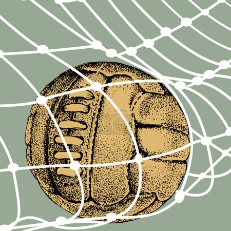 Soccer ball in the goal net. Realistic 3D design in vintage style. Creative concept for championship football season idea. Vector illustration.