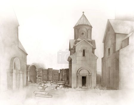 Téléchargez les photos : Armenia in stone. Sketch of ancient church and old Armenian cross khachkar on shore of Lake Sevan. Hand drawn artwork. Drawing with sepia crayons. Travel through countries of the Caucasus. - en image libre de droit