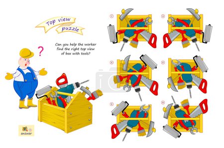 Téléchargez les illustrations : Jeu de puzzle logique pour enfants et adultes. Pouvez-vous aider le travailleur à trouver la vue supérieure droite de la boîte avec des outils ? Labyrinthe 3D. Page pour le livre de casse-tête. Développer la pensée spatiale. Test de QI. Jouer en ligne. - en licence libre de droit