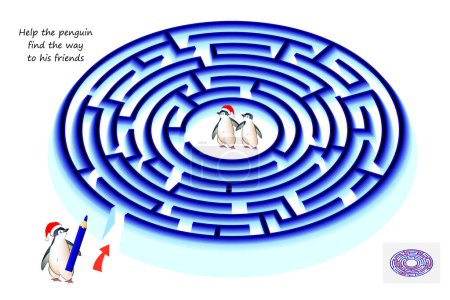 Illustration for Best labyrinths. Help the penguin find the way to his friends. Logic puzzle game. Brain teaser book with maze. Kids activity sheet. Educational page for children. Play online. Vector illustration. - Royalty Free Image