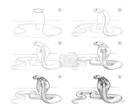 Illustration for Page shows how to learn to draw sketch of cobra. Creation step by step pencil drawing of snake. Educational page for artists. Textbook for developing artistic skills. online education. vector image. - Royalty Free Image