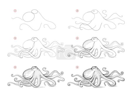 Illustration for Page shows how to learn to draw sketch of octopus. Creation step by step pencil drawing. Educational page for artists. Textbook for developing artistic skills. online education. vector image. - Royalty Free Image