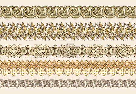 Illustration for Seamless pattern ribbons with Celtic knot ornaments. Ancient Nordic drawing. Ethnic print for fabric, wallpaper, background, banner, design, embroidery, decoration. Vector illustration. - Royalty Free Image