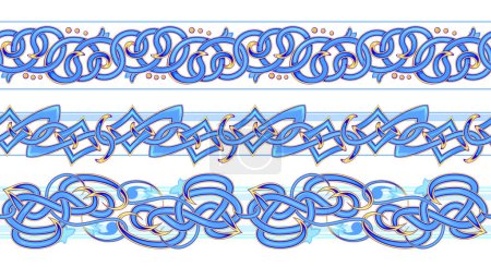 Illustration for Set of seamless pattern ribbons with Celtic knot ornaments. Rich ornate blue and gold ancient Nordic drawing. Ethnic print for fabric, wallpaper, background, banner, design, embroidery, decoration. - Royalty Free Image