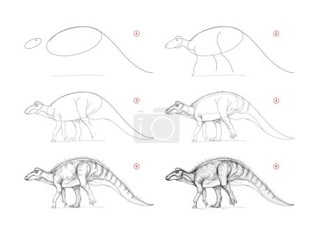 Illustration for Page shows how to learn to draw sketch of edmontosaurus. Creation step by step pencil drawing. Educational page for artists. Textbook for developing artistic skills. Online education. Vector image. - Royalty Free Image