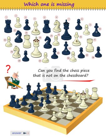 Illustration for Logic puzzle game for children and adults. Can you find the chess piece that is not on the chessboard? Which one is missing? Brain teaser book. Task for attentiveness. Kids activity sheet. IQ test. - Royalty Free Image